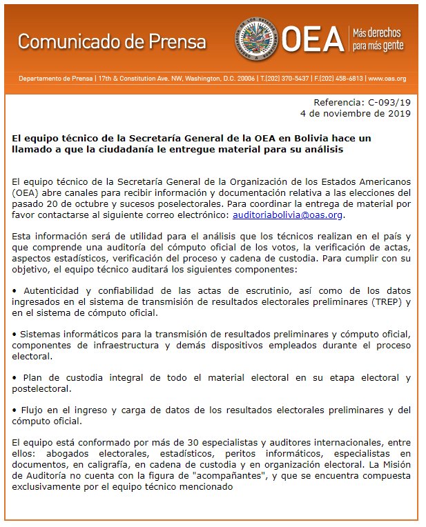 OEA en Bolivia hace un llamado a que la ciudadanía le entregue material para su análisis