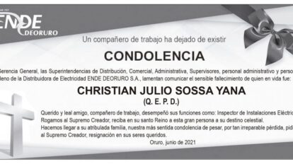 Condolencia por el fallecimiento de Christian Julio Sossa Yana
