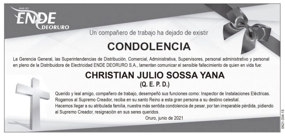 Condolencia por el fallecimiento de Christian Julio Sossa Yana