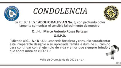 Condolencia por el fallecimiento de Marco Antonio Rosas Baltazar
