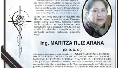 Agradecimiento e Invitación Religiosa por Ing. Maritza Ruiz Arana