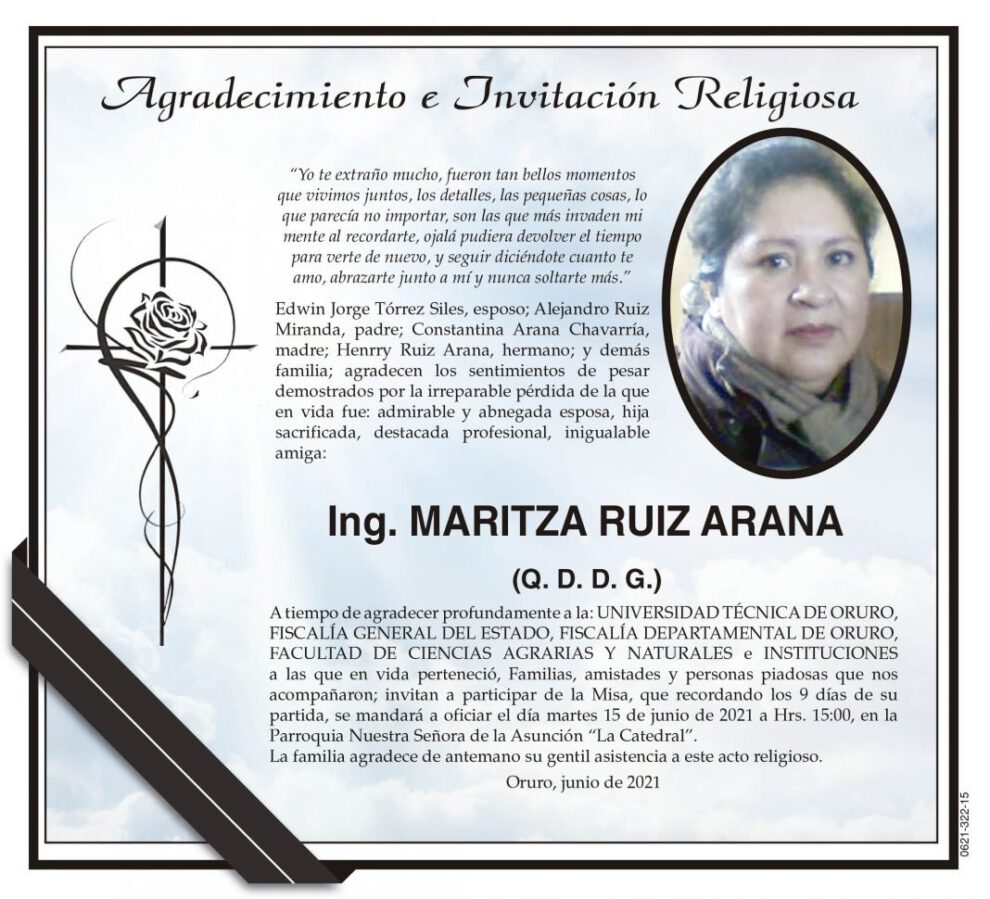 Agradecimiento e Invitación Religiosa por Ing. Maritza Ruiz Arana