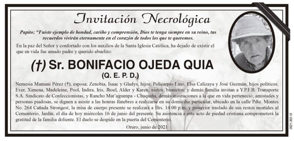 Invitación Necrológica Bonifacio Ojeda Quia