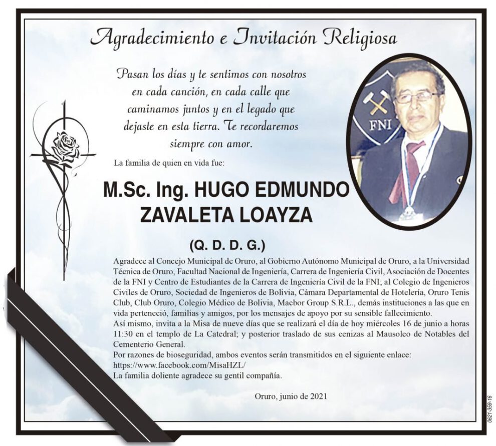 Agradecimiento por Hugo Edmundo Zavaleta Loayza