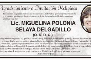 Agradecimiento e Invitación Religiosa por Lic. Miguelina Polonia Selaya Delgadillo