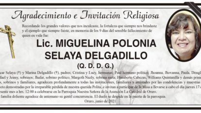 Agradecimiento e Invitación Religiosa por Lic. Miguelina Polonia Selaya Delgadillo