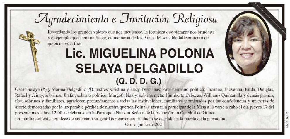Agradecimiento e Invitación Religiosa por Lic. Miguelina Polonia Selaya Delgadillo