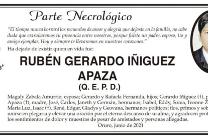 Parte Necrológico de RUBÉN GERARDO IÑIGUEZ APAZA