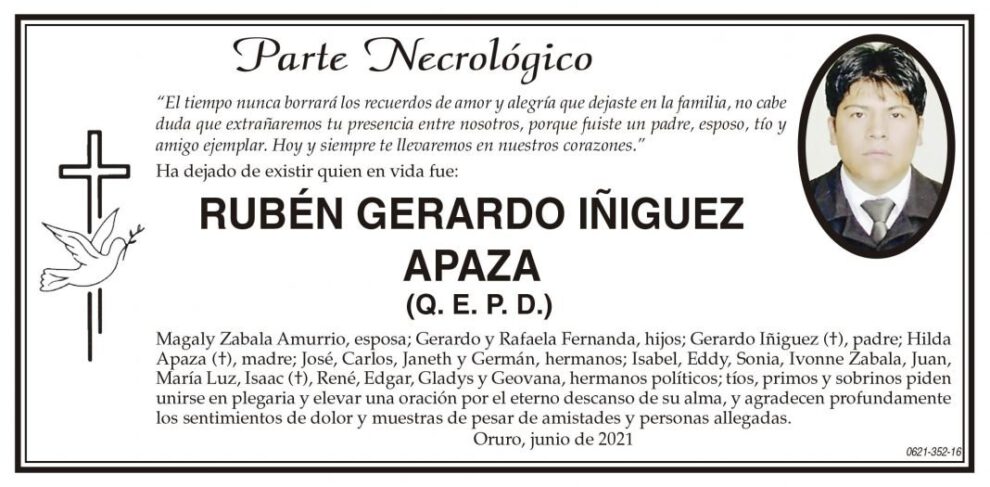 Parte Necrológico de RUBÉN GERARDO IÑIGUEZ APAZA