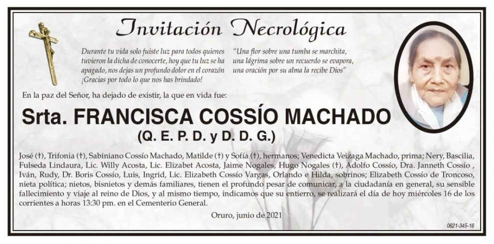 Invitación Necrológica de Francisca Cossío Machado