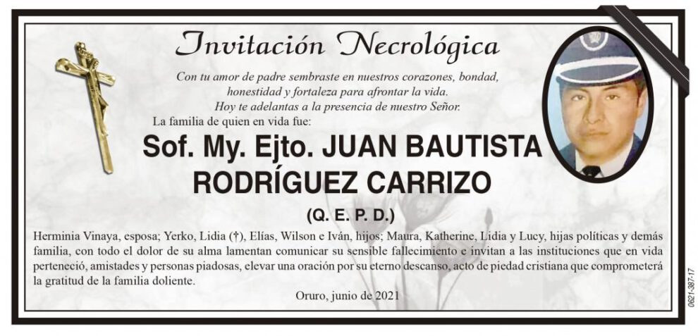 Invitación Necrológica de Juan Bautista Rodríguez Carrizo