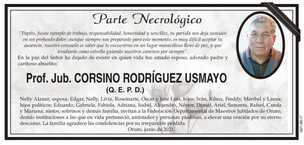 Parte Necrológico de Prof. Jub. Corsino Rodríguez Usmayo