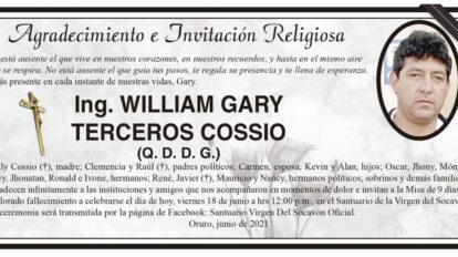 Agradecimiento e Invitación Religiosa por William Gary Terceros Cossio