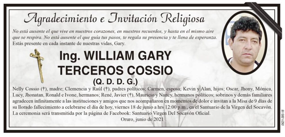 Agradecimiento e Invitación Religiosa por William Gary Terceros Cossio
