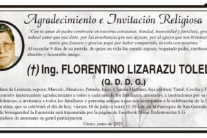 Agradecimiento e Invitación Religiosa por la partida de Ing. Florentino Lizarazu Toledo