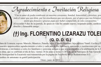 Agradecimiento e Invitación Religiosa por la partida de Ing. Florentino Lizarazu Toledo