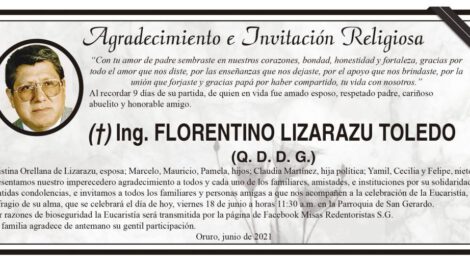 Agradecimiento e Invitación Religiosa por la partida de Ing. Florentino Lizarazu Toledo