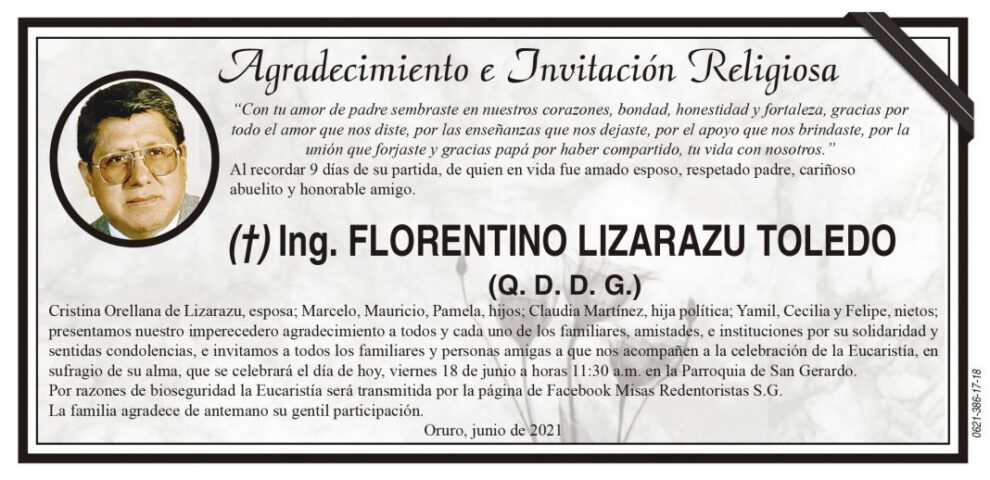 Agradecimiento e Invitación Religiosa por la partida de Ing. Florentino Lizarazu Toledo