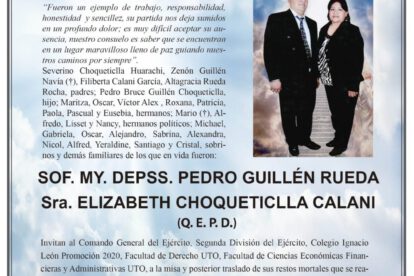 Invitación Necrológica de Pedro Guillén Rueda y Elizabeth Choqueticlla Calani