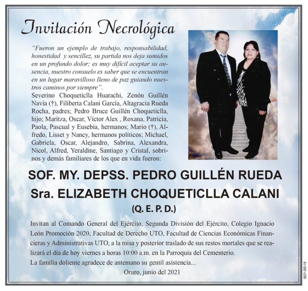 Invitación Necrológica de Pedro Guillén Rueda y Elizabeth Choqueticlla Calani