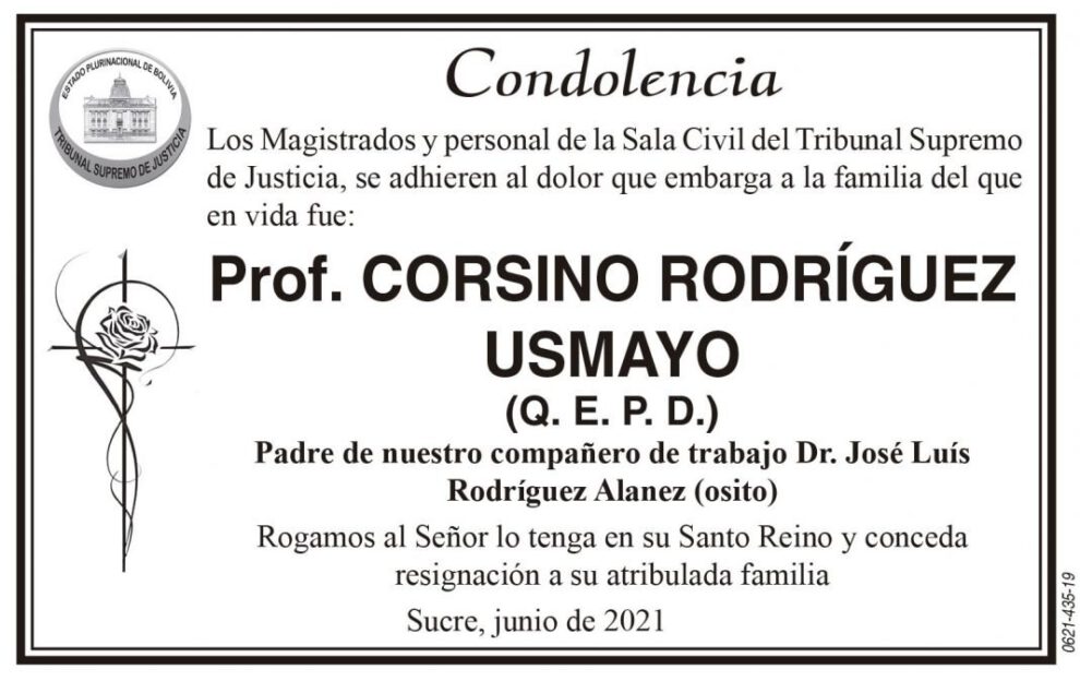 Condolencia por el fallecimiento de Prof. Corsino Rodríguez Usmayo