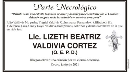 Lic. Lizeth Beatriz Valdivia Cortez, parte necrológico