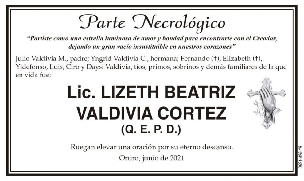 Lic. Lizeth Beatriz Valdivia Cortez, parte necrológico
