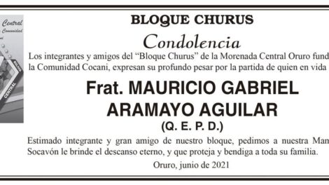 Condolencia por Mauricio Gabriel Aramayo Aguilar