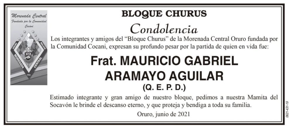 Condolencia por Mauricio Gabriel Aramayo Aguilar