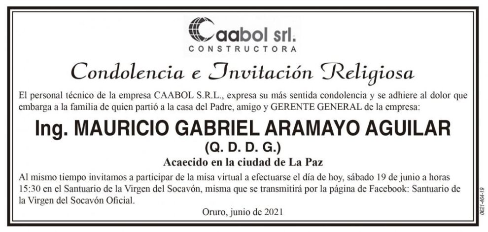 Condolencia por Ing. Mauricio Gabriel Aramayo Aguilar