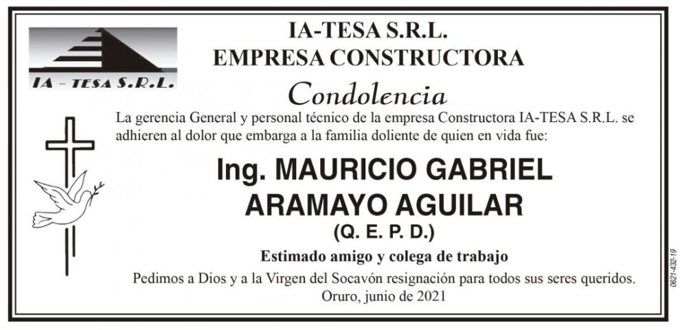 Condolencia por el fallecimiento del Ing. Mauricio Gabriel Aramayo Aguilar