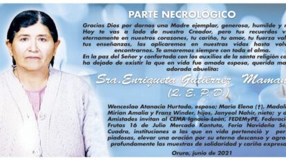 Parte Necrológico de Enriqueta Gutiérrez Mamani
