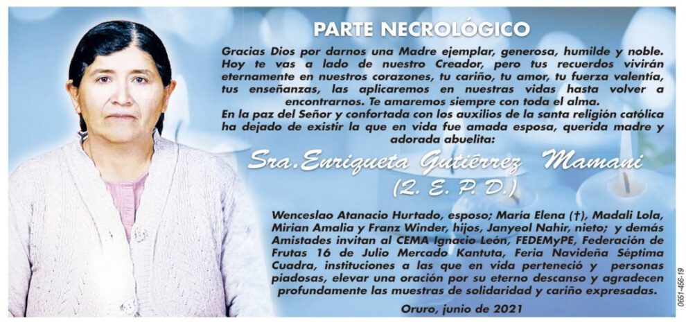 Parte Necrológico de Enriqueta Gutiérrez Mamani