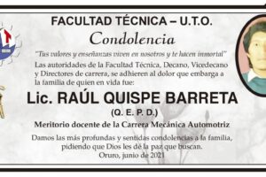 Condolencia por el Lic. Raúl Quispe Barreta