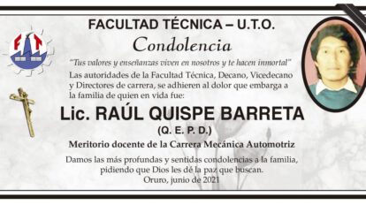 Condolencia por el Lic. Raúl Quispe Barreta