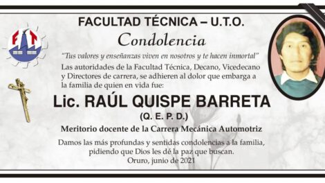 Condolencia por el Lic. Raúl Quispe Barreta
