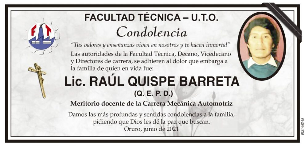 Condolencia por el Lic. Raúl Quispe Barreta