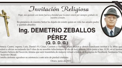 Ing. Demetrio Zeballos Pérez obituario