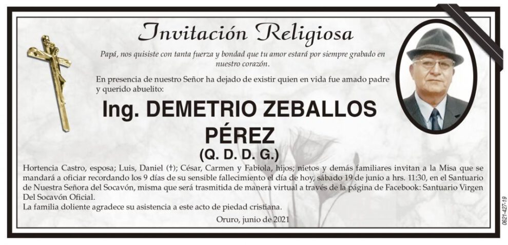 Ing. Demetrio Zeballos Pérez obituario