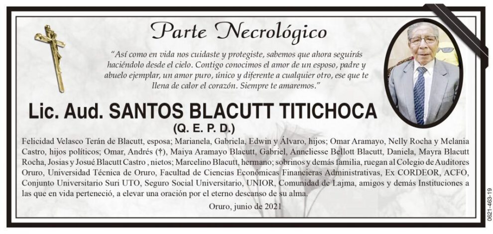 Necrológico de Lic. Aud. Santos Blacutt Titichoca