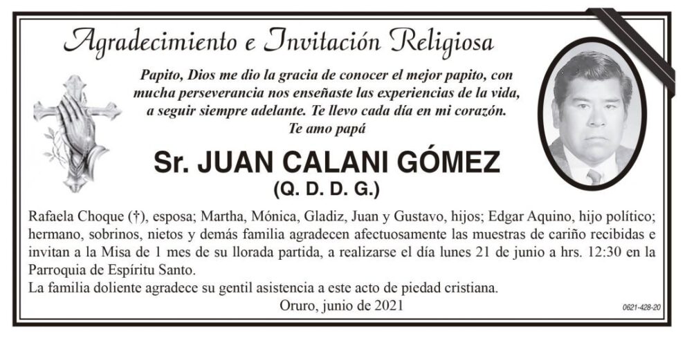 Agradecimiento e Invitación Religiosa por Juan Calani Gómez