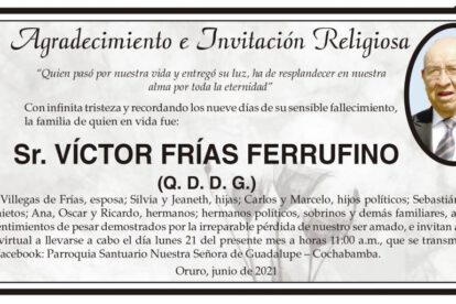 Agradecimiento e Invitación Religiosa: Sr. Víctor Frías Ferrufino