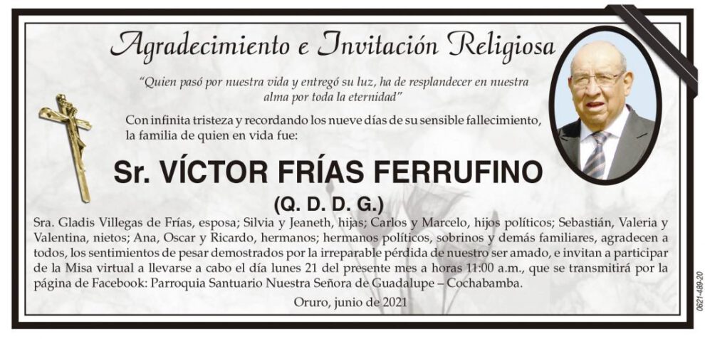 Agradecimiento e Invitación Religiosa: Sr. Víctor Frías Ferrufino