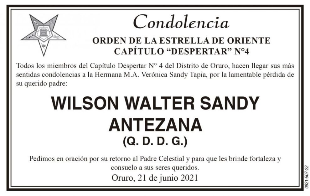Condolencia por la pérdida de Wilson Walter Sandy Antezana
