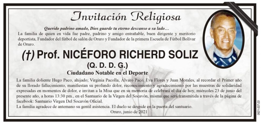 Invitación Religiosa para Prof. Nicéforo Richerd Soliz