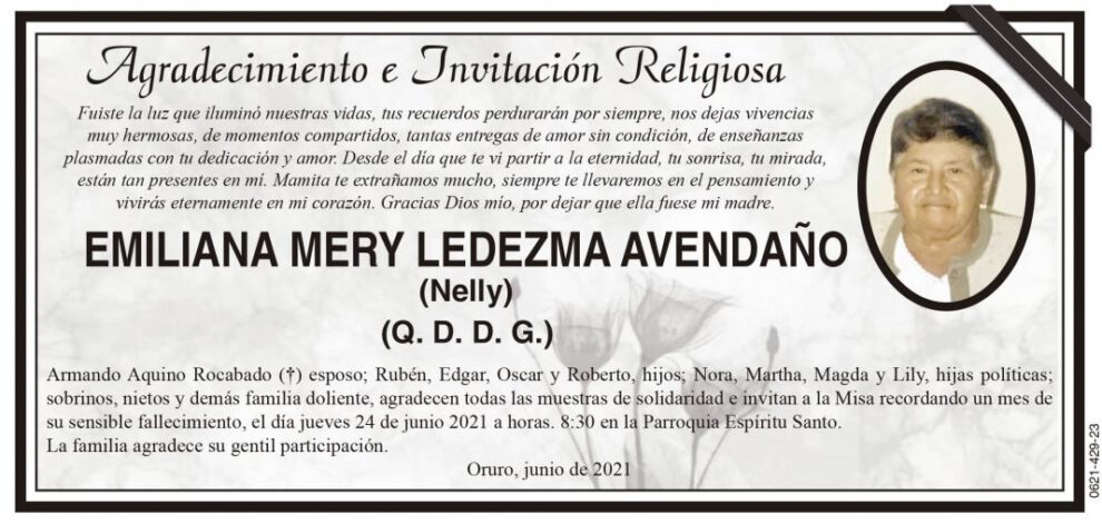Agradecimiento e Invitación Religiosa por Emiliana Mery Ledezma Avendaño