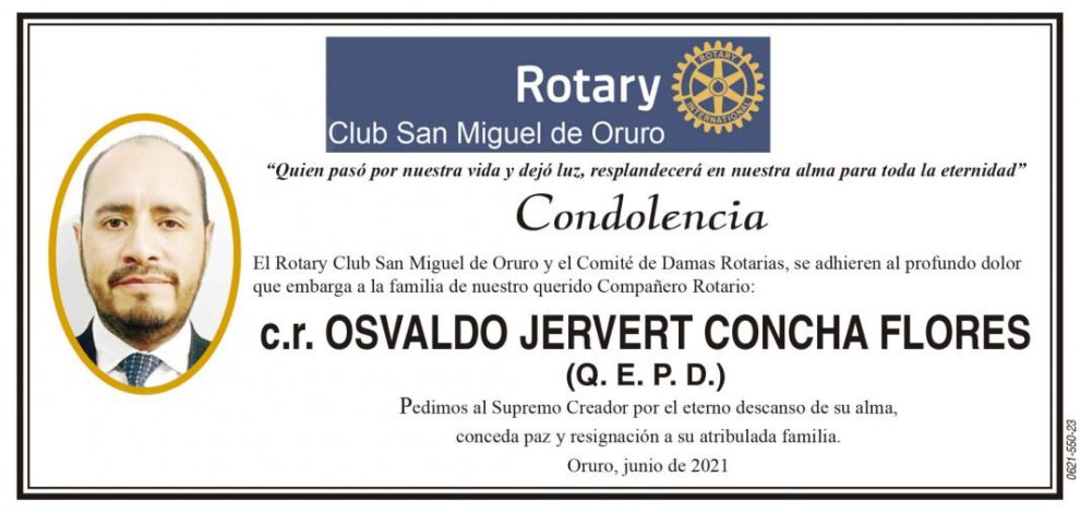 Condolencia por Osvaldo Jervert Concha Flores