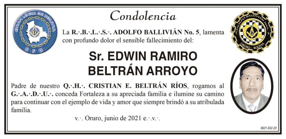 Condolencia por el fallecimiento del Sr. Edwin Ramiro Beltrán Arroyo