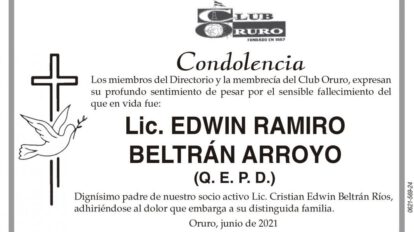 Condolencia por el fallecimiento de Lic. Edwin Ramiro Beltrán Arroyo