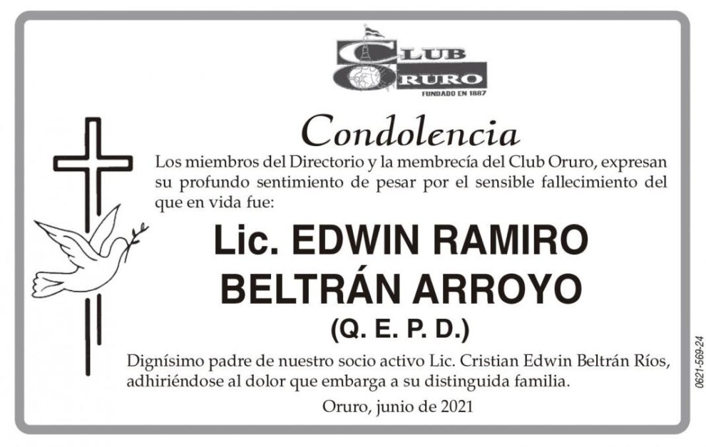 Condolencia por el fallecimiento de Lic. Edwin Ramiro Beltrán Arroyo